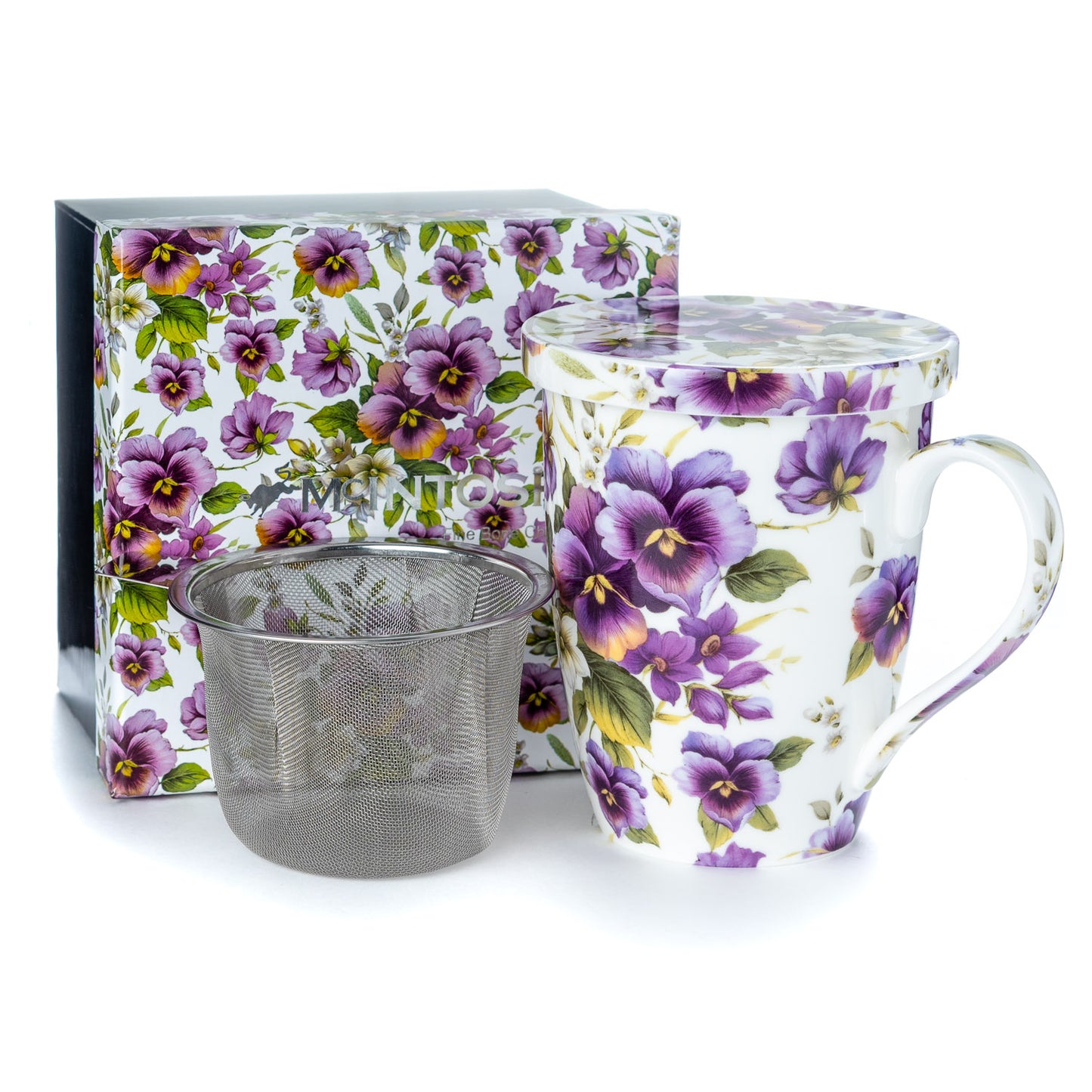 'Purple Pansies' Tea Mug w/ Infuser & Lid